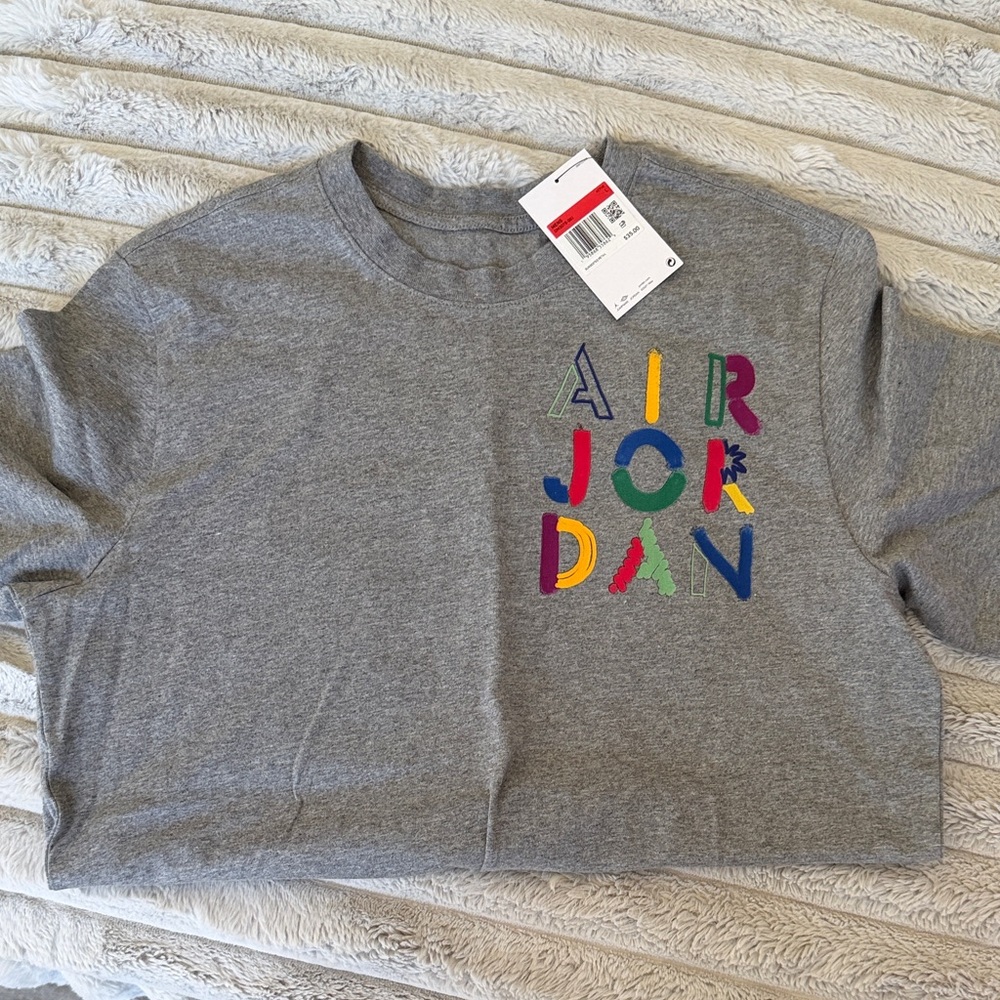 Jordan Men Grey Logo T‑Shirt with Multicolor Lettering